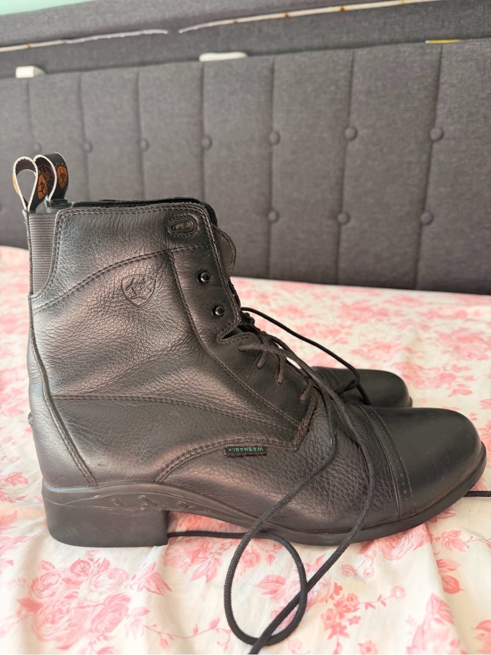 Ariat Black Leather Lace-Up Combat Boots with Orange Logo Pull Tab
